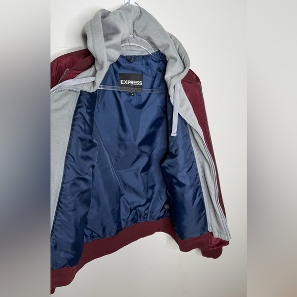 Express - Men’s Wine/Burgundy Bomber Jacket Coat Zip Up Gray Hood Small - Picture 4 of 8